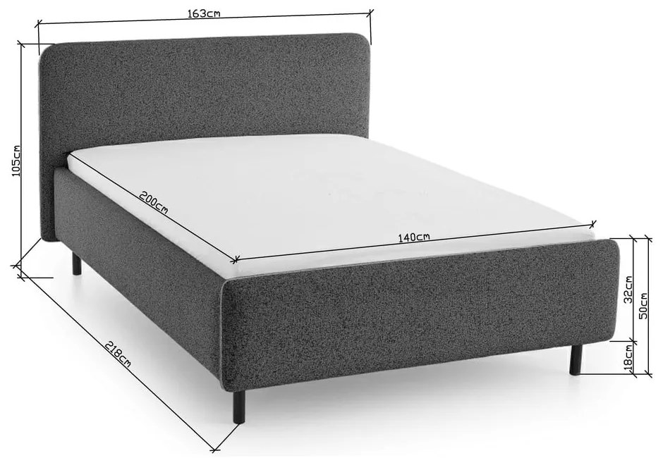 Antracytowe tapicerowane łóżko dwuosobowe ze schowkiem ze stelażem 140x200 cm Primo – Meise Möbel