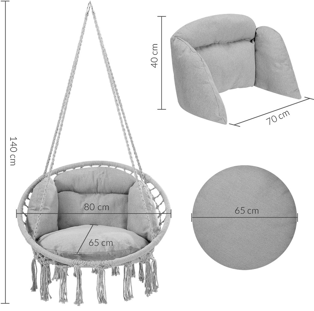 Detex Wiszące krzesło BOHO z poduszkami, Ø61cm, jasnoszara
