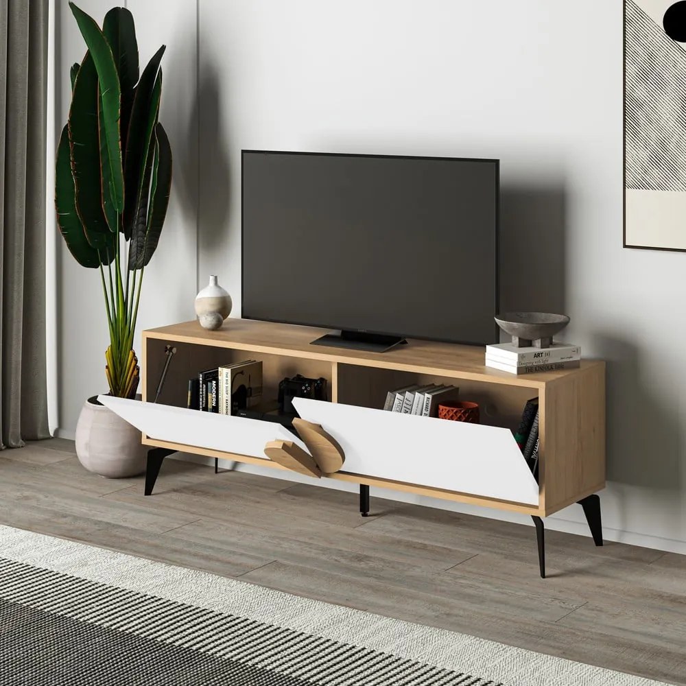 Biała szafka pod TV w dekorze dębu 140x51 cm Vae – Marckeric