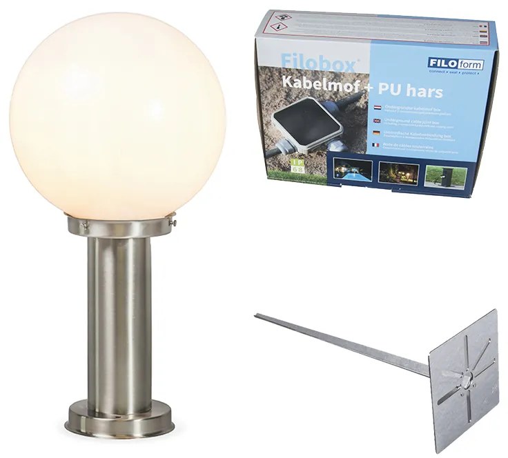 Zewnetrzna Lampa zewnętrzna stal nierdzewna 50 cm - Sfera z kołkiem gruntowym i wpustem kablowej Retro Oswietlenie zewnetrzne