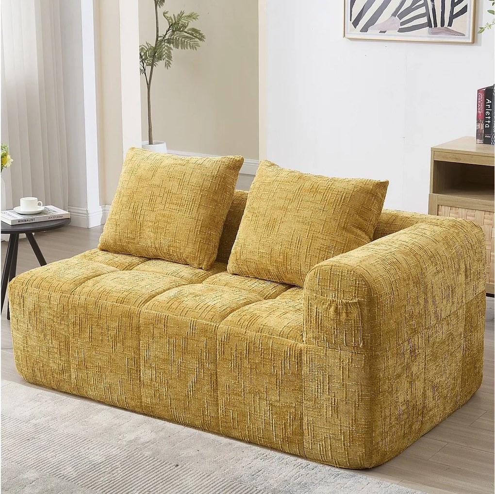 Żółta sofa 2-osobowa - prosta sofa z poduszkami i kieszeniami - szenil - wzór śniegu