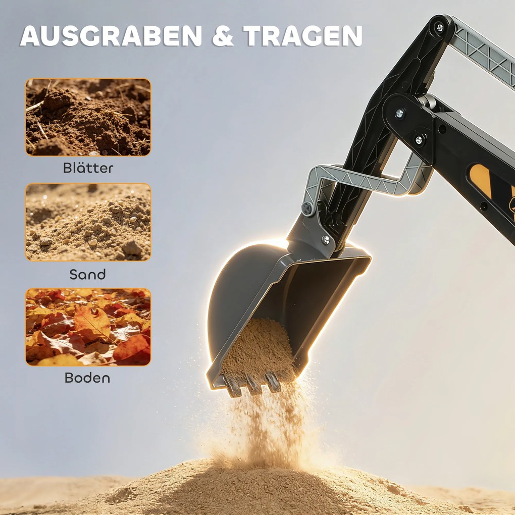 AIYAPLAY Koparka na siedzenie z łopatą, kierownicą, obracający się kadłub, regulowane oparcie dla dzieci 1,5-3 lata, Żółty | Aosom PL