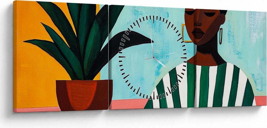 Obraz - Kobieta z kwiatem (z zegarem) (90x30 cm)