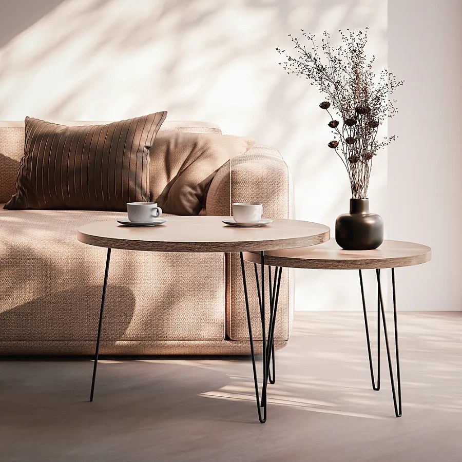 Stolik kawowy okrągły LAPP zestaw Ø50 + Ø68 cm Dąb Sonoma