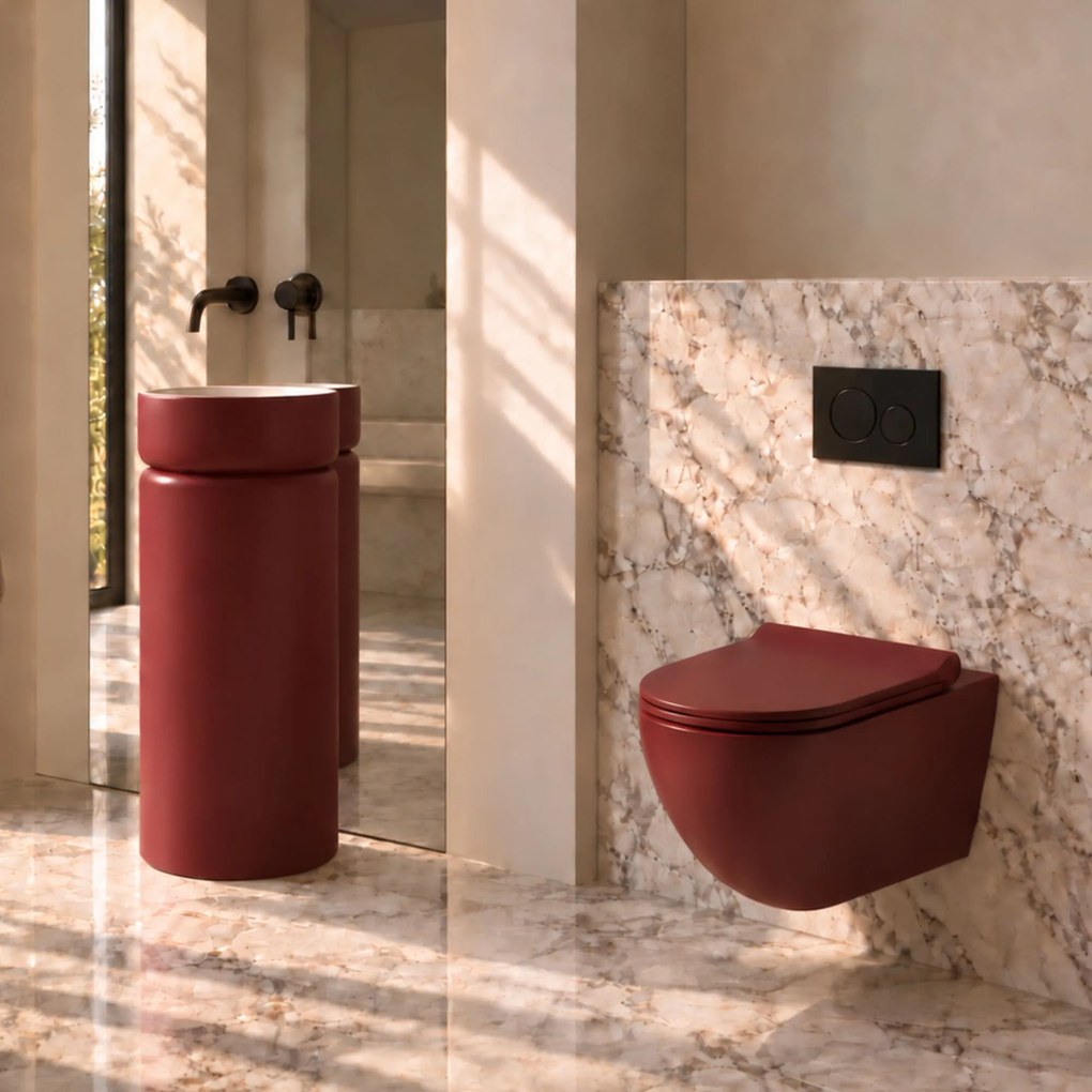 Massi Zestaw umywalka wolnostojąca RONA z korkiem, miska WC FLOW Bordo, stelaż i czarny przycisk : Kolor umywalki RONA - Biały połysk, Podłączenie syfonu - Do podłogi, Wykończenie - w połysku