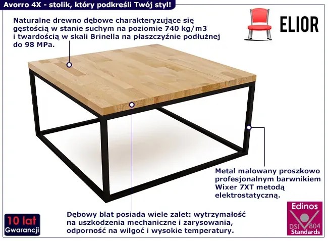 Kwadratowy stolik kawowy z dębowym blatem - Avorro 4X