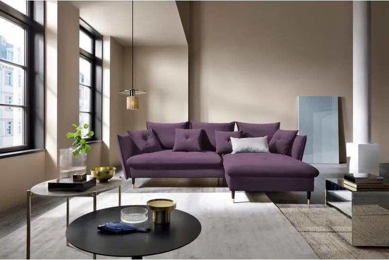 Narożnik GLAM Prawostronny z funkcją spania, zestaw z poduszkami wolnostojący tkanina RIVIERA 69 Fioletowy DOMO HOME