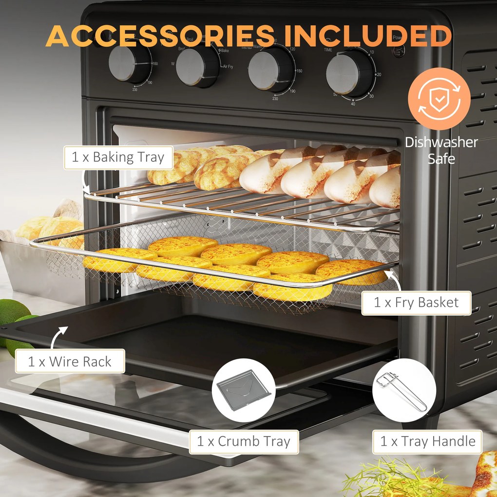 HOMCOM Minipiekarnik, Frytkownica z Powietrzem, 90-230°C, 7 Programów, Akcesoria, Czarny