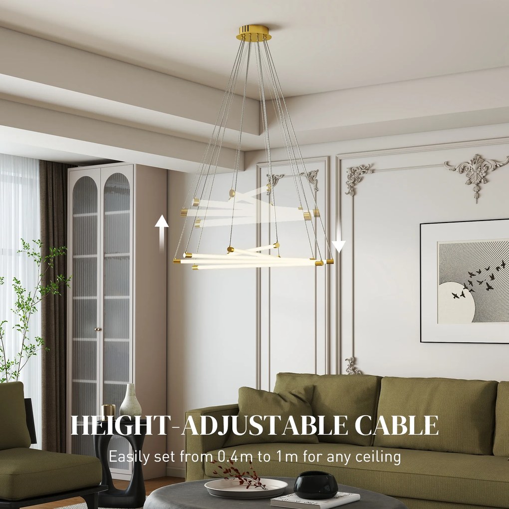 HOMCOM Lampa sufitowa LED, 50W, 5 regulowanych rur świetlnych, regulowana, lampa sufitowa do salonu, jadalni, kuchni, Złoty+Biały