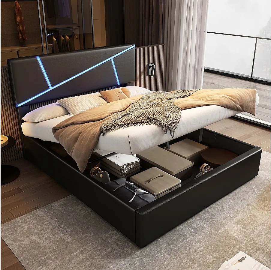 Łóżko tapicerowane ze schowkiem - 140 x 200 cm - z zagłówkiem + oświetlenie LED - schowek hydrauliczny - czarne