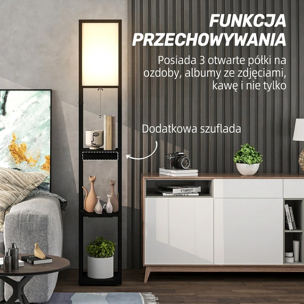 HOMCOM Lampa Stojąca z 3-Poziomową Półką, Przełącznikiem Nożnym, Portami USB, MDF, Czarny