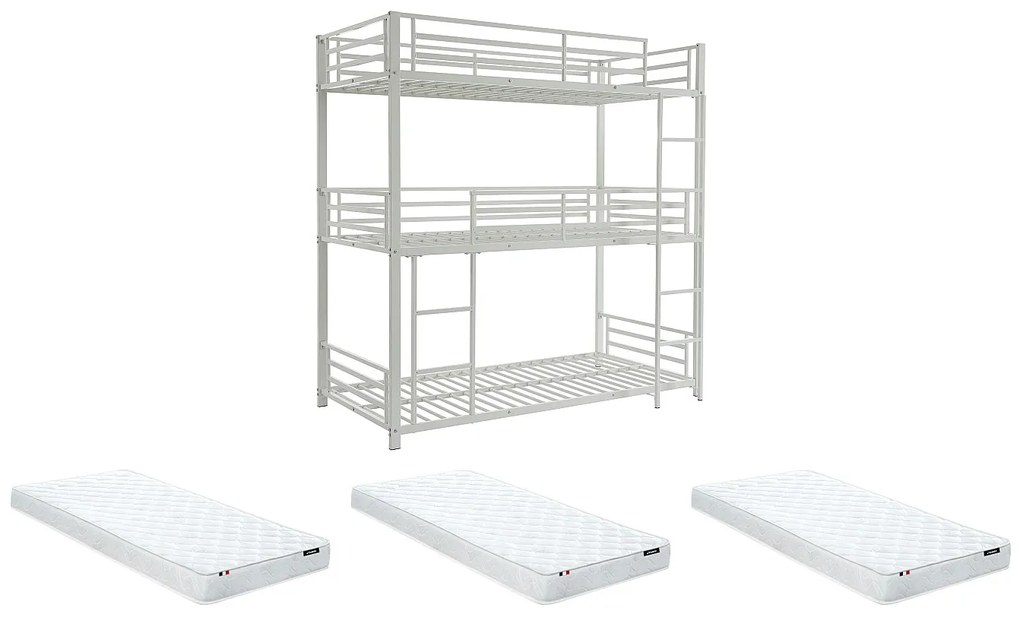 Potrójne łóżko piętrowe 3 x 90 x 190 cm – Metal – Biały + Materac – ELOUAN III