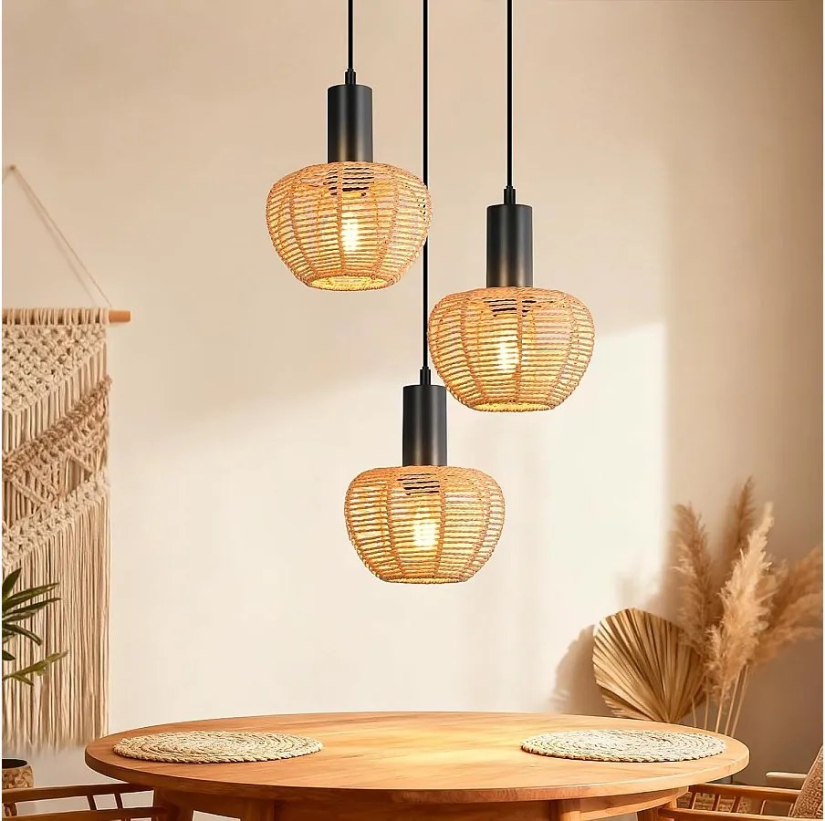 Lampa wisząca Nettlife Boho Rattan z 3 żarówkami – żyrandol z plecionej liny konopnej w stylu vintage, E27 – oświetlenie kuchni/jadalni (żarówki nie są dołączone)