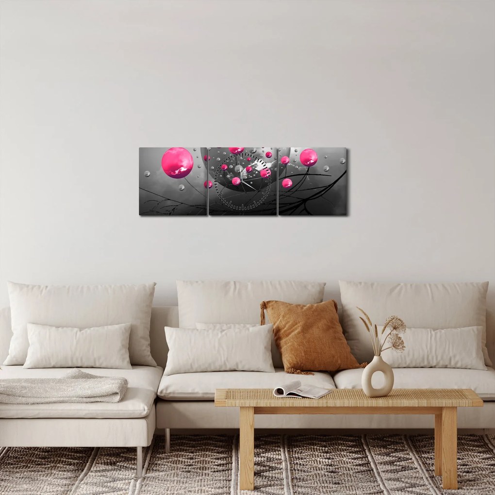 Obraz różowych abstrakcyjnych kul (z zegarem) (90x30 cm)