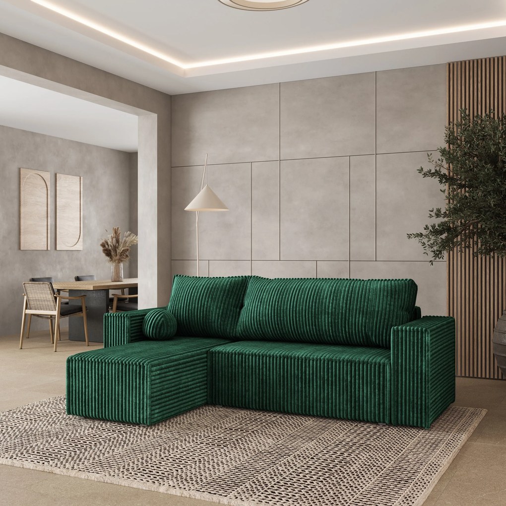 Masseno Narożnik RAVELO z funkcją spania i pojemnikiem na pościel Narozniki L, Rozkładana sofa - Butelkowa zieleń, TILIA 39