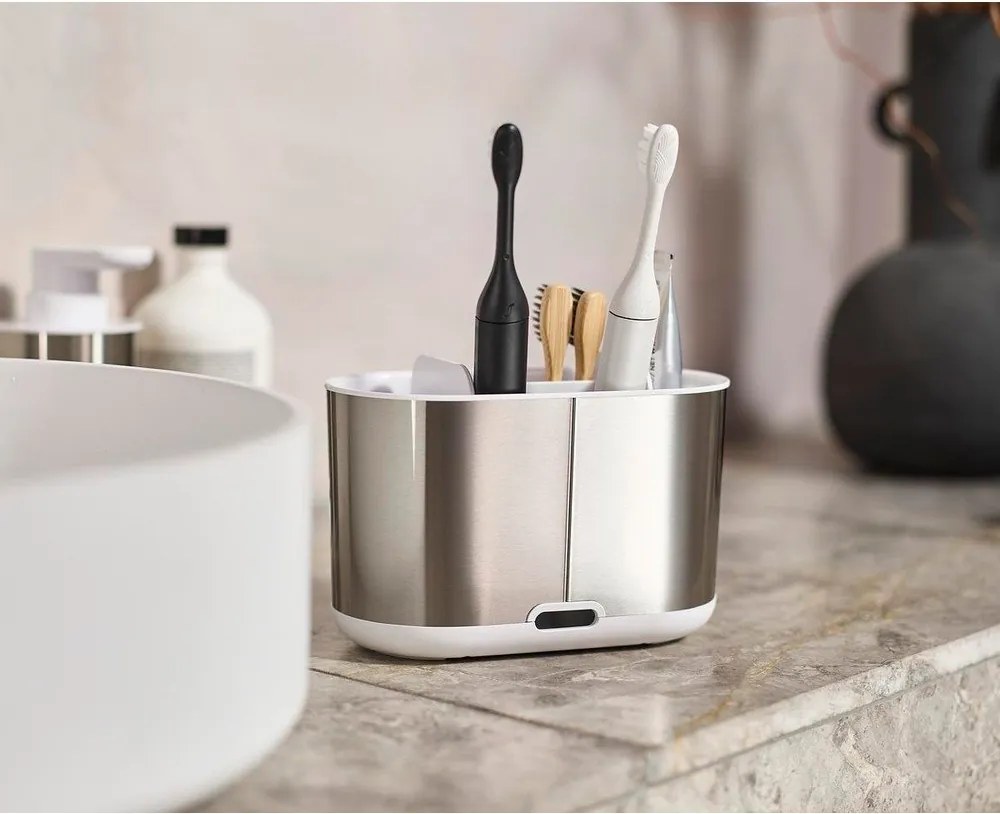 Stojak na szczoteczki do zębów ze stali nierdzewnej w kolorze srebra Duo Steel – Joseph Joseph