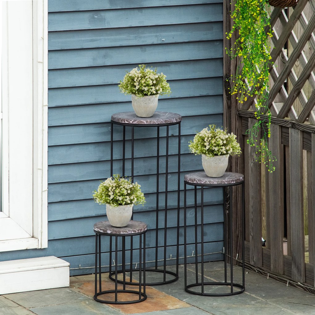 Outsunny Zestaw 3 metalowych stojaków na kwiaty, marmurowy wzór, możliwość układania w stos