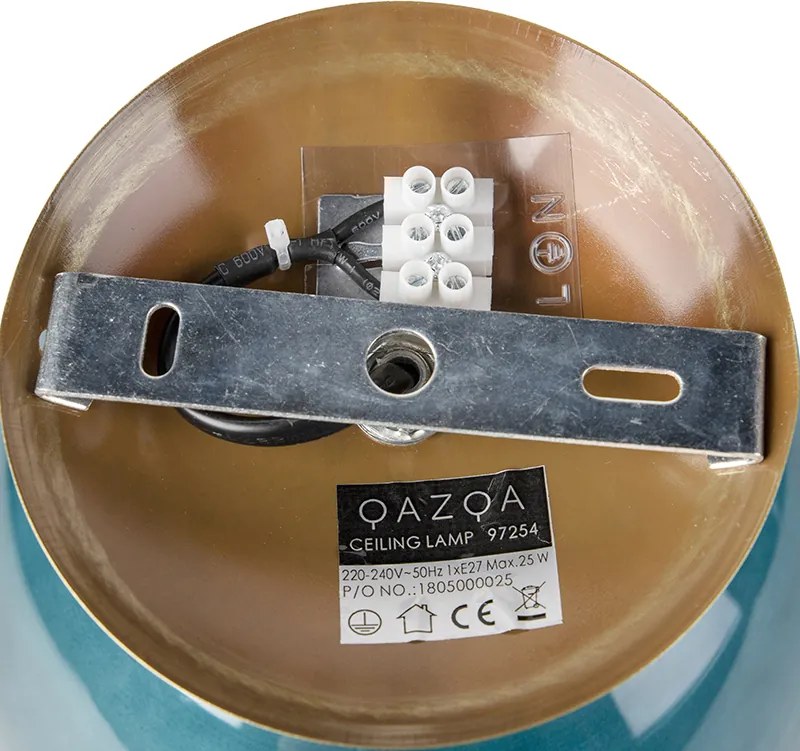 Lampa sufitowa art deco mosiądz z oceanicznym niebieskim szkłem - Pallon