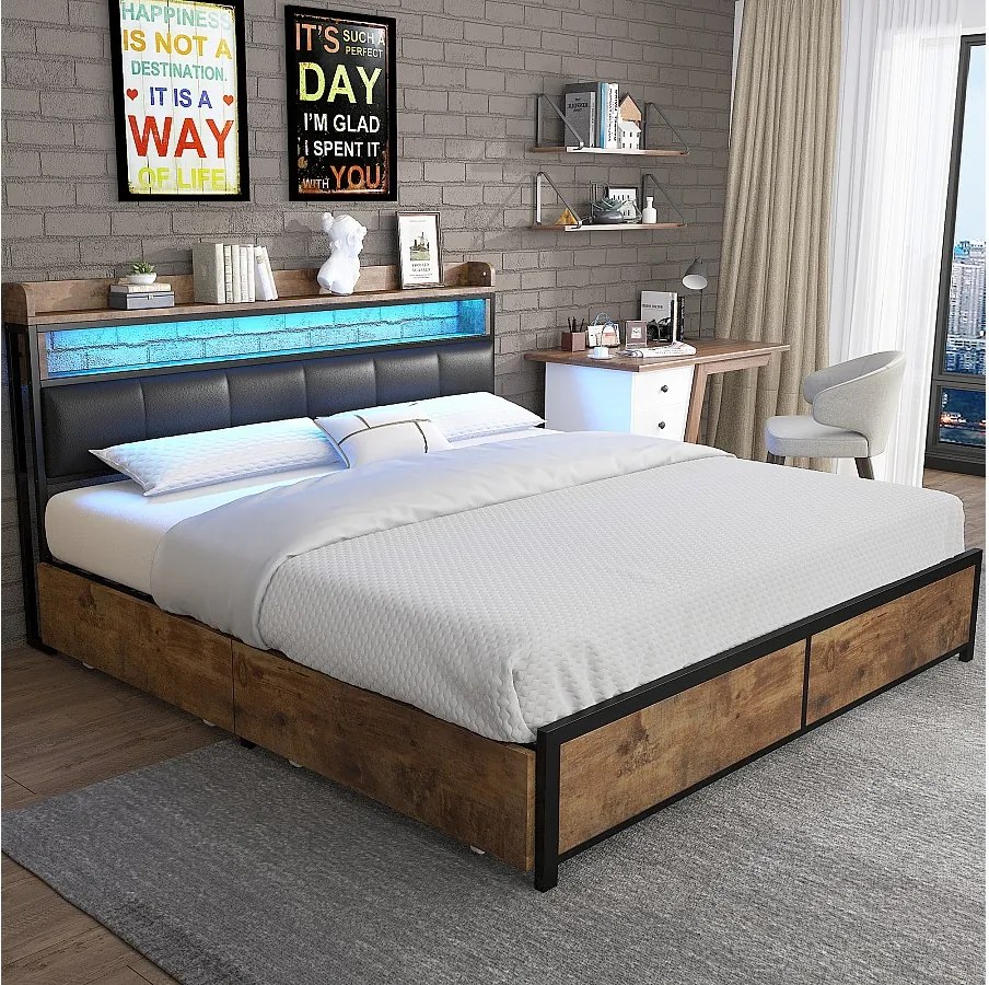 Łóżko dla dorosłych 140x200cm - z zagłówkiem z oświetleniem LED, 4 szufladami, półką, stelażem - czarne