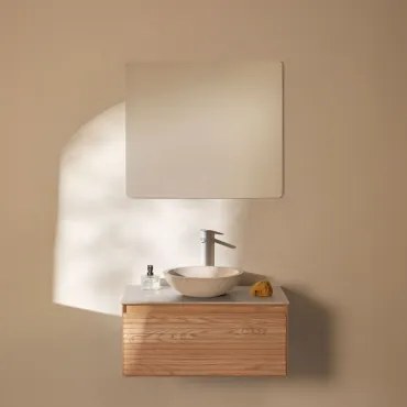 Zestaw Wiszących Mebli Łazienkowych Z Drewna Jesionowego Tedrik Popielaty Brąz & Cement Okrągły - Sklum