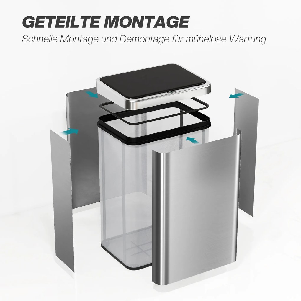 HOMCOM Kosz na śmieci z czujnikiem 40L Stal nierdzewna Automatyczny kosz na śmieci z miękkim zamykaniem 35,5 x 26 x 55 cm Srebrny | Aosom PL