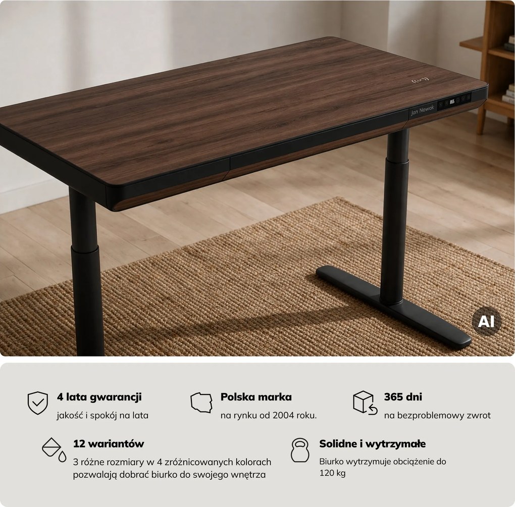 Biurko elektryczne sit-stand z szufladą i ładowarką bezprzewodową Qi czarne/orzech, 1200 mm: ELLIS