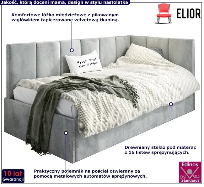 Narożne łóżko tapicerowane z podnoszonym stelażem 90x200 F4-P76