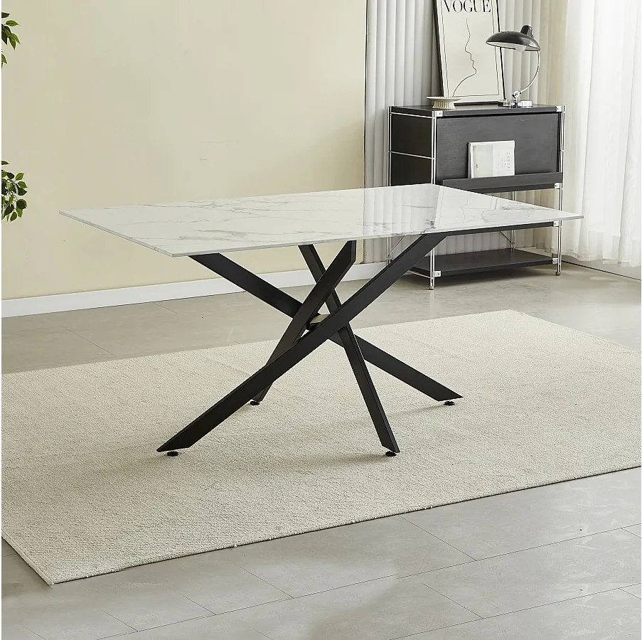 Prostokątny stół jadalniany z hartowanego szkła – Efekt białego marmuru i czarny metal – dla 8 osób – CHIARA