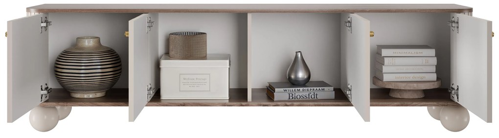 Szafka RTV Vesper 4D 187 cm - kaszmir / orzech / złote uchwyty / nogi kule