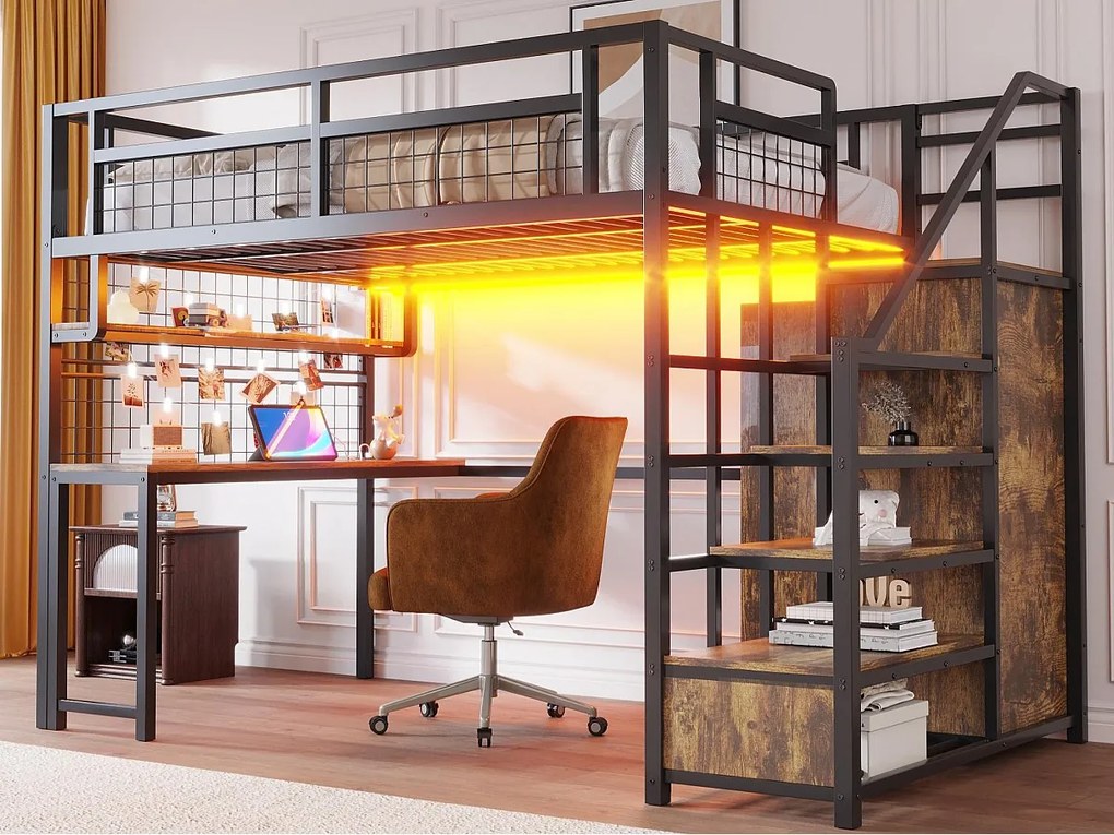 Łóżko mezzanine 140x200 cm - z oświetleniem LED i gniazdkami - z drabinką z miejscem do przechowywania - z szafą - przechowywanie i stolik - czarny