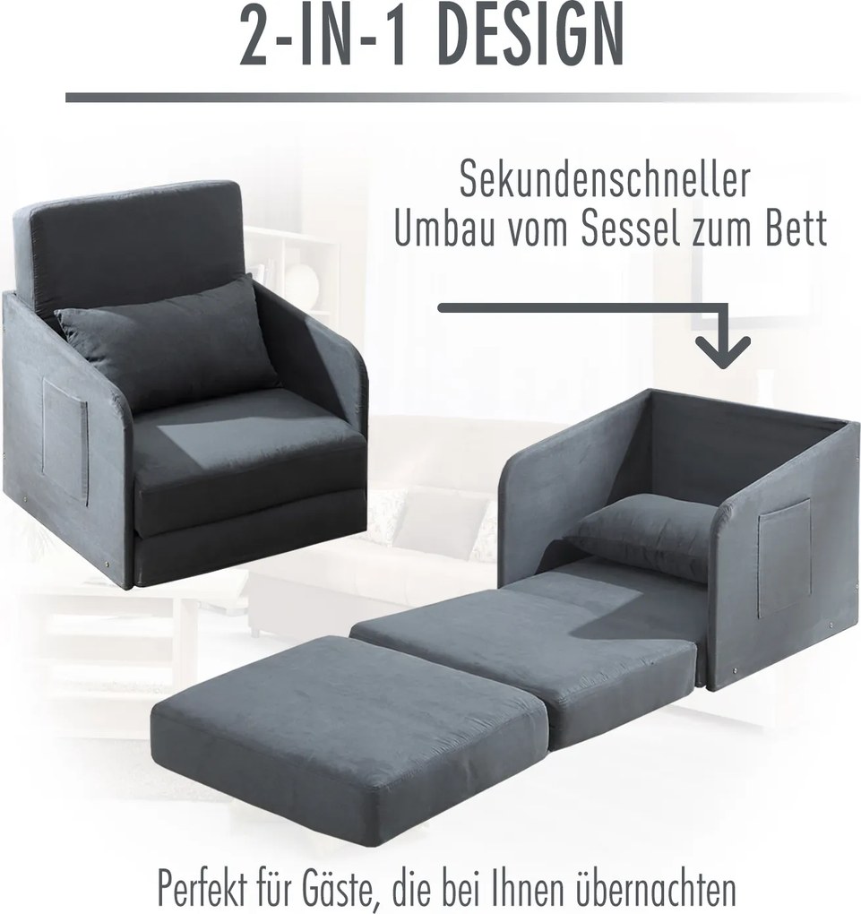 HOMCOM® sofa do spania sofa rozkładana sofa pojedyncza pokrowiec do prania 2 kieszenie boczne poduszka metal szary 70 x 76 x 77 cm