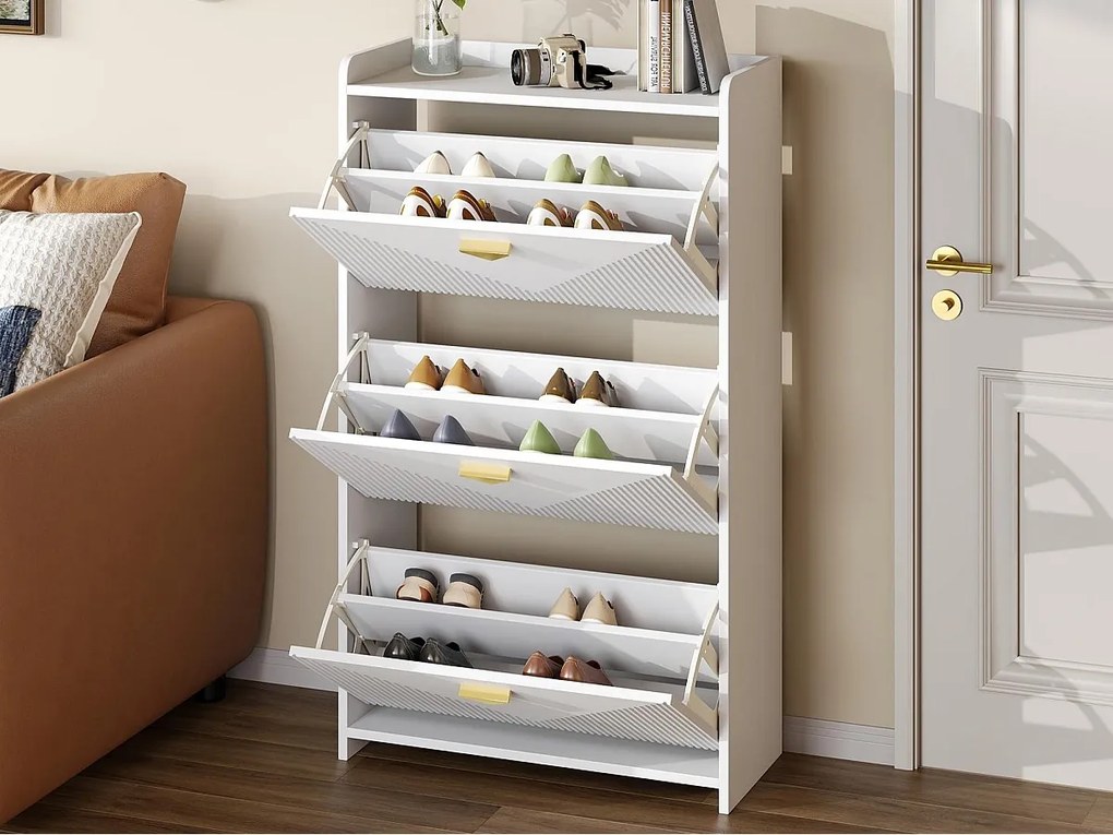 Szafa na buty 70x30x120 cm - 3 drzwi uchylne - 6 przegródek do przechowywania - MDF - Biały