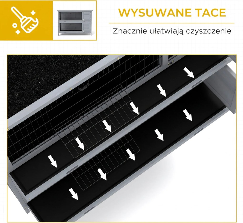 PawHut Klatka dla królików z drewna z 2 poziomami, dach z papy, tacki na dno, drzwi dla małych zwierząt, 136,4 x 50 x 93 cm, szara | Aosom PL