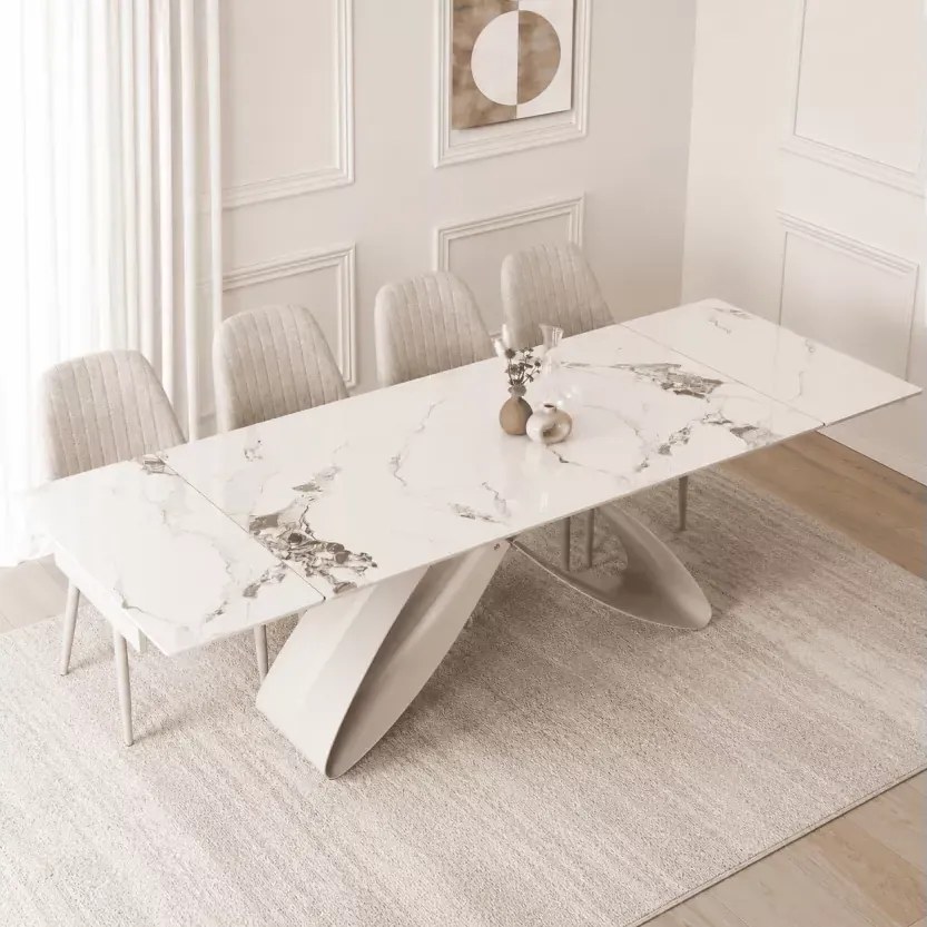 Zestaw stół Twig rozkładany ceramiczny 160-240 biały marmur kaszmir + 4 krzesła Sligo kremowe