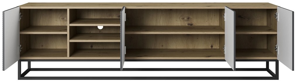 Szafka RTV Asha 200 cm z ryflowanym frontem, wnękami i metalowym stelażem - artisan / rivier stone mat