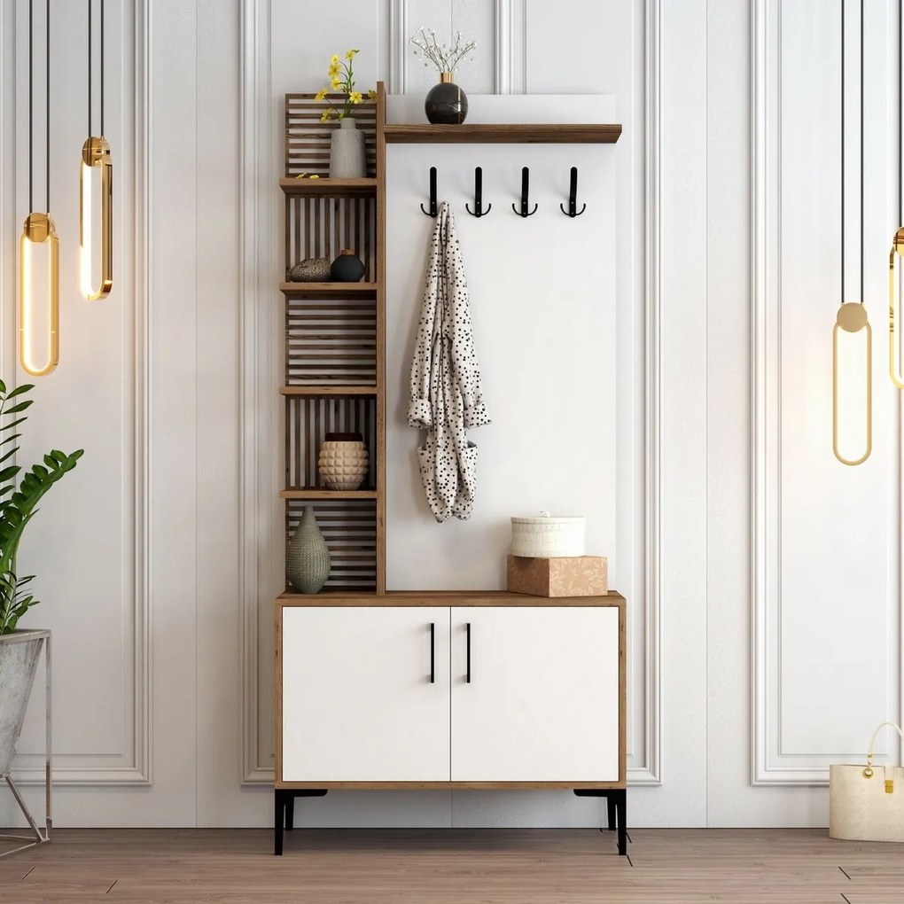 Wieszak z szafką na buty i półkami Viyana Walnut and White