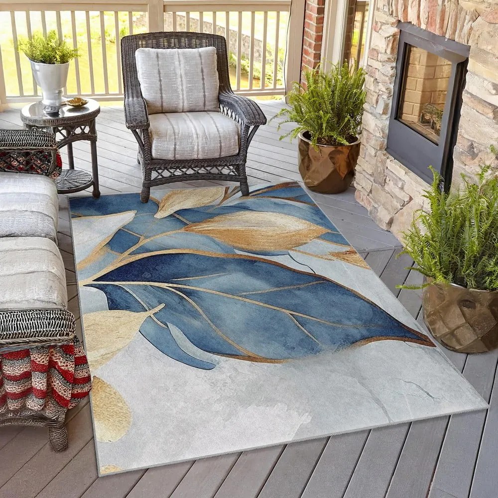 Chodnik w niebiesko-złotym kolorze odpowiedni do prania 80x200 cm Golden Leaves – Mila Home