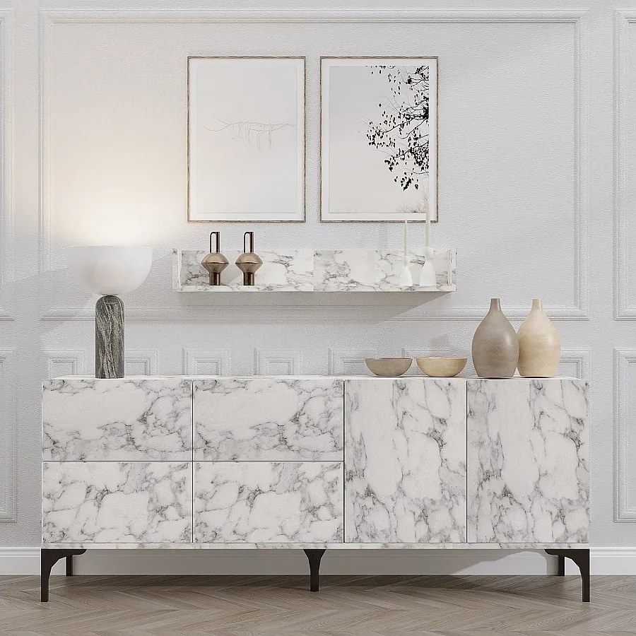 Komoda z melaminy – 180 x 55 x 40 cm – marmur Carrara
