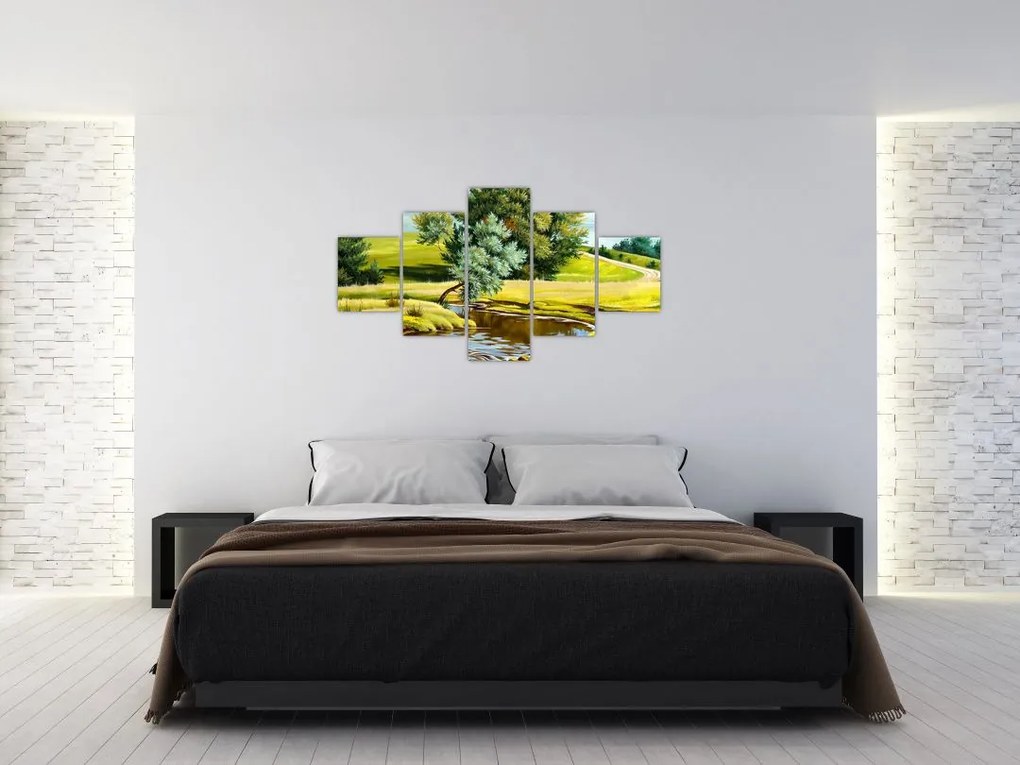 Obraz - rzeka między łąkami, obraz olejny (125x70 cm)