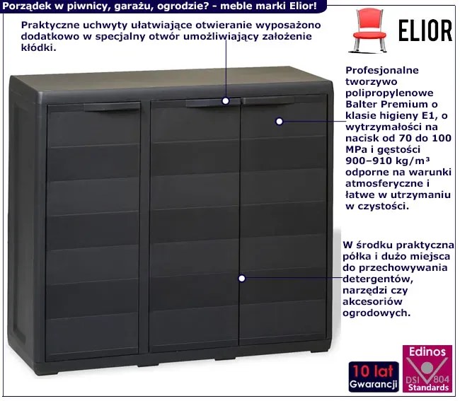 Czarna szafka gospodarcza balkonowa na zewnątrz trzydrzwiowa E7-K12