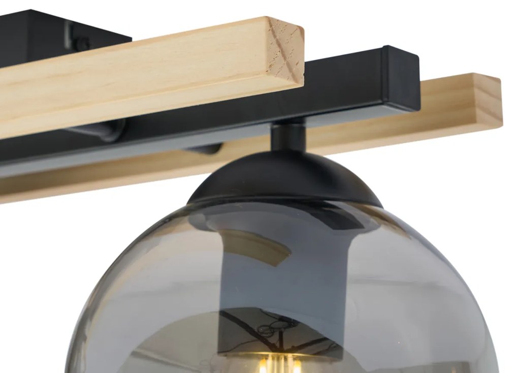 Nowoczesna lampa sufitowa czarna z drewnem i przydymionym szkłem 3-źródła światła - Aleks Nowoczesny Oswietlenie wewnetrzne