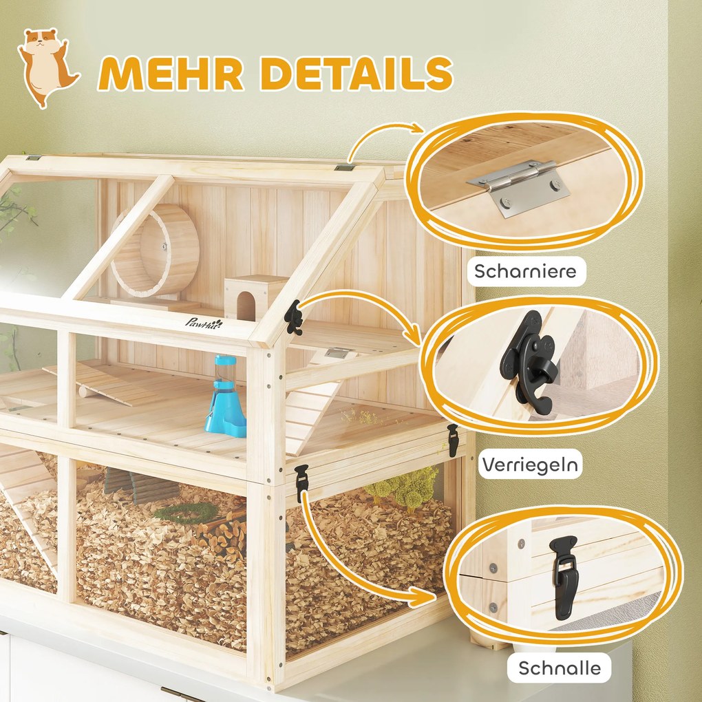 PawHut Klatka dla chomika z drewna 3 poziomy Klatka dla gryzoni z huśtawką, kołowrotkiem, domkiem 95 x 53 x 76 cm naturalne drewno | Aosom PL