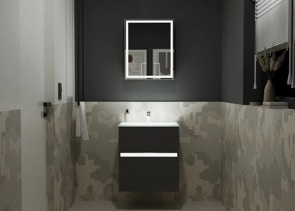 Szafka łazienkowa z lustrem NEO 52 cm czarny mat z oświetleniem LED KROFAM