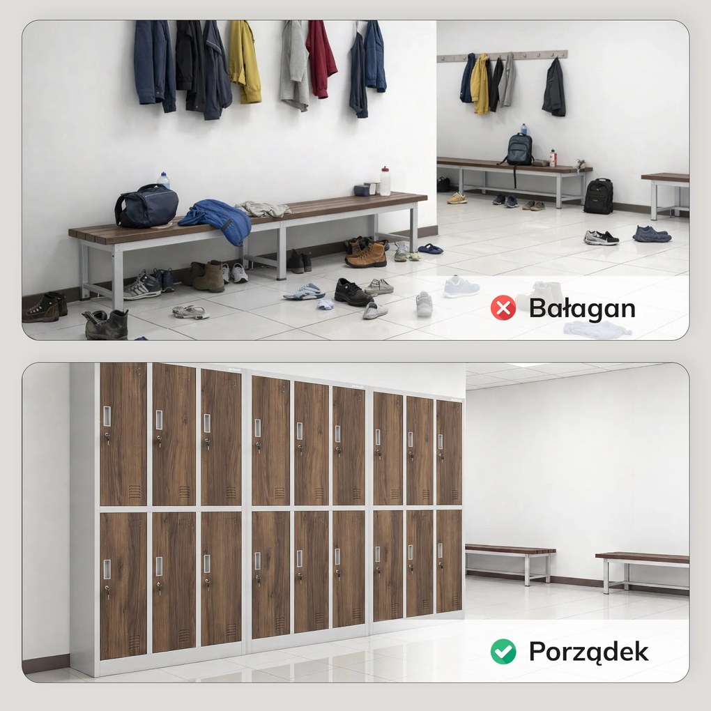 Szafka socjalna ubraniowa BHP biała / orzech 6-drzwiowa: Eco Design IGOR, 900 x 1850 x 450 mm