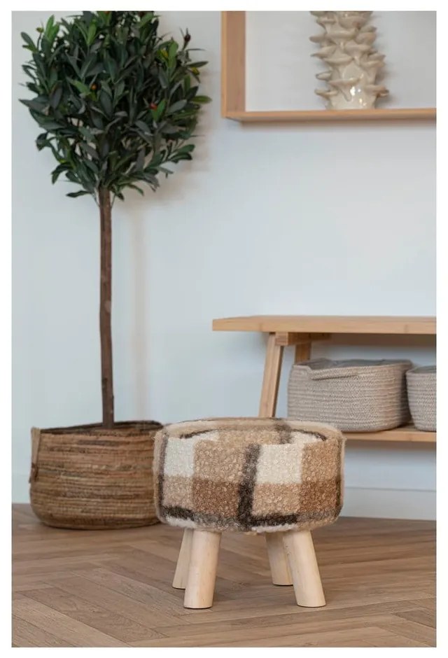 Biało-brązowy podnóżek z materiału bouclé Aberdeen – House Nordic