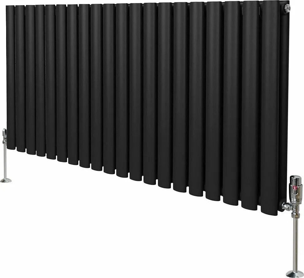 Grzejnik kolumnowy owalny i zawory - 600 mm x 1200 mm - czarny
