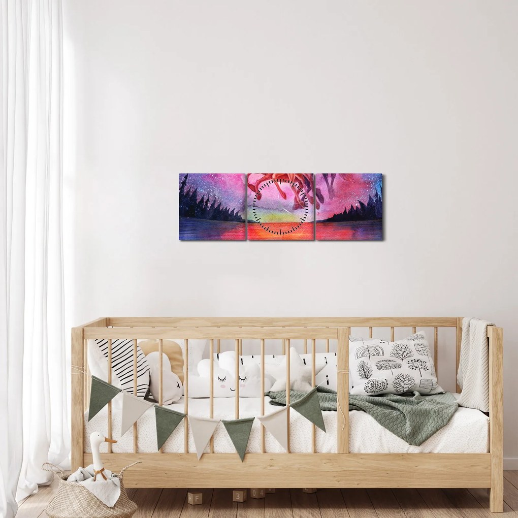 Obraz - Pojawienie się kosmicznych koni nad jeziorem, akwarela (z zegarem) (90x30 cm)