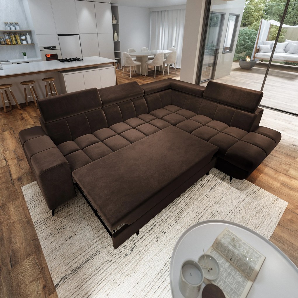 Masseno Narożnik MORIVA z funkcją spania i pojemnikiem na pościel Narozniki L, Rozkładana sofa - Brązowy, MONOLITH 29