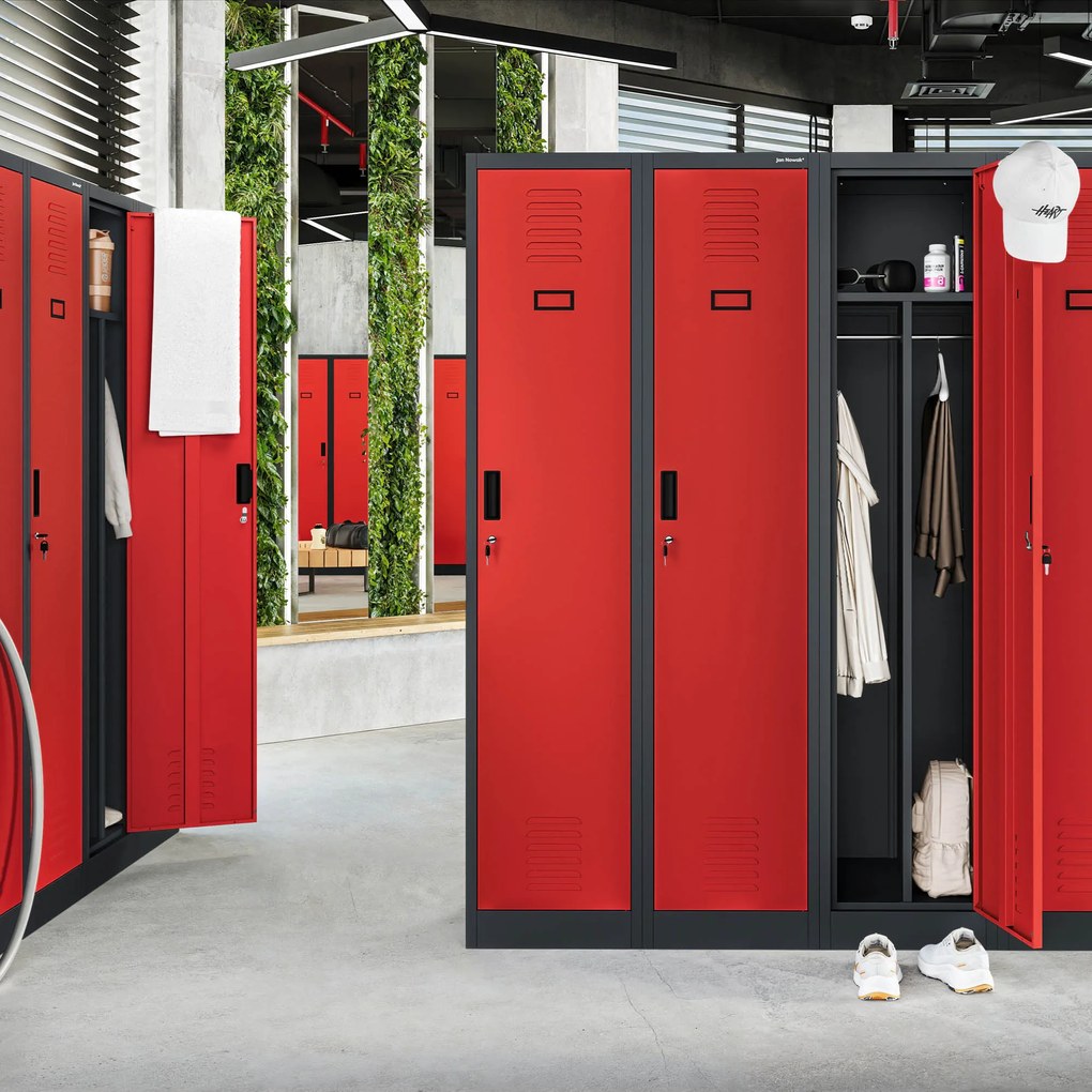 Szafka ubraniowa BHP antracytowo-czerwona: czterokomorowa KACPER, 800 x 1800 x 500 mm