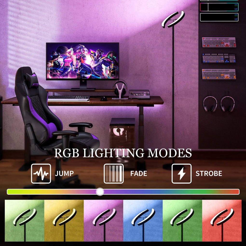 HOMCOM Lampa stojąca RGB, ściemniana z wielobarwnymi możliwościami oświetlenia, obrotowa, czarna